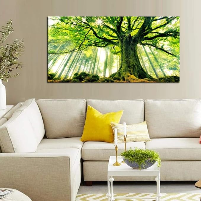 KREATIVE ARTS Extra Large Canvas Art Print Spring Forest Nature Green Big Tree Wall Art Photo Printed on Canvas Framed Artwork for Office Wall Decoration Ready to Hang 24x48inch