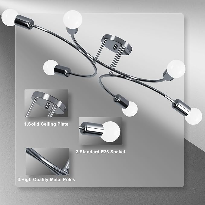 FRIXCHUR 6-Light Sputnik Chandelier, Sliver Mid-Century Modern Semi Flush Mount Ceiling Light, Metal Fixture with E26 Sockets for Bedroom, Living Room, Kitchen (Bulbs Not Included)