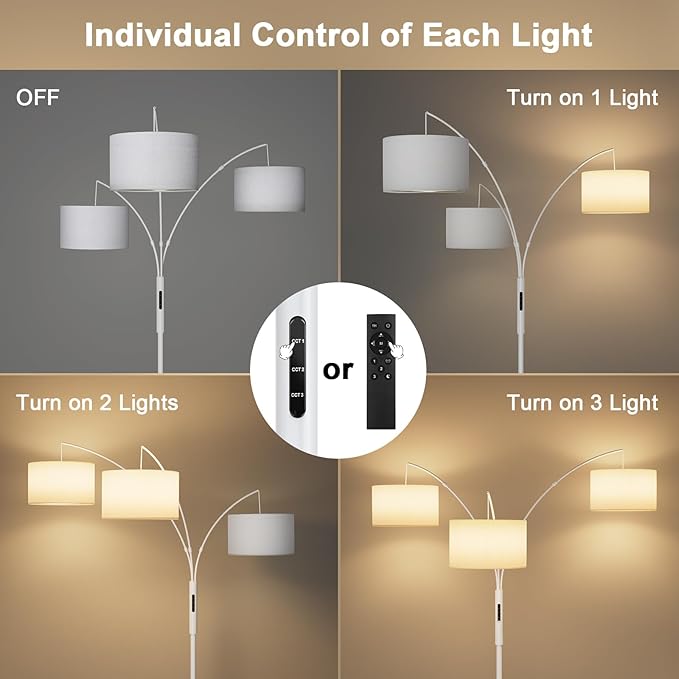 SIBRILLE 36W Dimmable Floor Lamp - 3 Lights Arc Floor Lamps Standing Lamp with Remote & Touch Control, Tall Lamp for Living Room Corner, Bedroom, Office