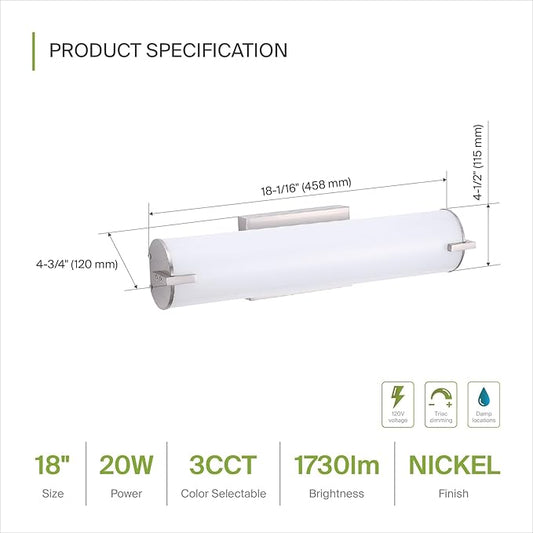 ASD LED 18" Vanity Wall Mount Light Fixture, Linear Bathroom Lighting Bar | 3CCT, Dimmable, Energy Star, ETL Listed | 20W 1500LM 3000-5000K 120V | Long Tube Bath Sconce Over Mirror | Nickel