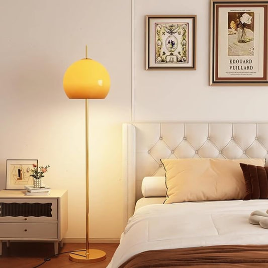 Mid-Century Modern Floor Lamp Orange Glass Dome Shaped Nordic Standing Lamp Bauhaus Mushroom Lamp Unique Floor Reading Lamp Art Deco for Living Room Bedroom - Gold Base
