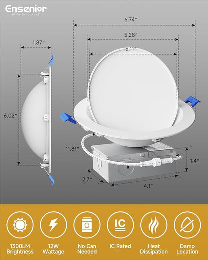 Ensenior 4 Pack 6 inch Gimbal Led Recessed Light, 5CCT 2700K-5000K, 360°+90° Rotatable, Dimmable, Aluminum, CRI90+, 1300LM 12W 120V, Eyeball Recessed Lighting, Directional Can Light, ETL&FCC