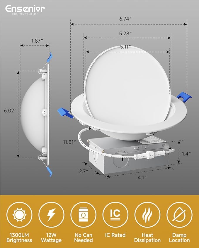 Ensenior 12 Pack 6 inch Gimbal Led Recessed Light, 5CCT 2700K-5000K, 360°+90° Rotatable, Dimmable, Aluminum, CRI90+, 1300LM 12W 120V, Eyeball Recessed Lighting, Directional Can Light, ETL&FCC