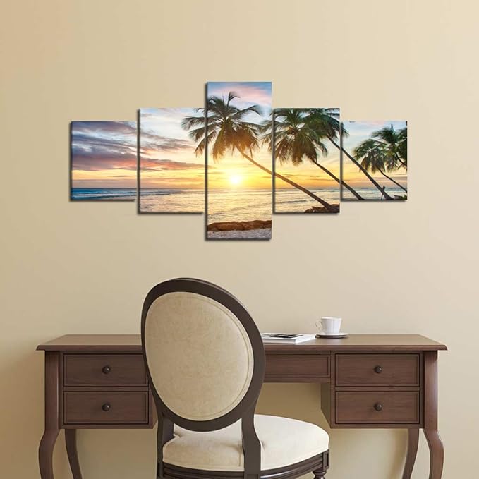 Modern Beach Painting Beautiful Sunset Landscape Ocean Pictures Framed Stretched for Living Room Home Decor Posters and Prints Seascape Wall Art Painting on Canvas 5 Panels (50''W x 24''H)