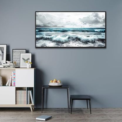 ERQINHUA Black And White Beach Canvas Wall Art For Living Room Wall Decoration For Bedroom Office Wall Decor Blue Sea Wave Printing Pictures Artwork Home Decor Painting Black Framed 24x48 In