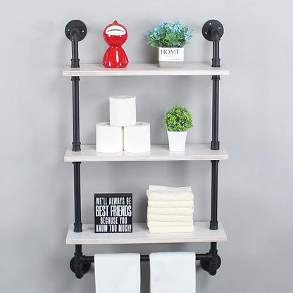 MBQQ Iron Pipe Shelves Industrial Bathroom Shelves with Towel bar,24in Rustic Metal Pipe Floating Shelves Pipe Wall Shelf,3 Tier Industrial Shelf Wall Mounted,Black & White
