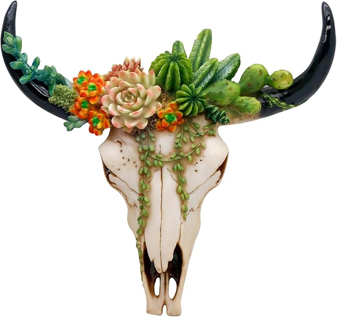 alikiki Rustic Western Home Decor - Tribal Wall Decor Western Long Horn Bull Skull Wall Decor Cow Buffalo Skull Bison Animal Head Wall Hanging Wall Arts w/Succulents for Bedroom Living Room Cold Cast Resin Figurines