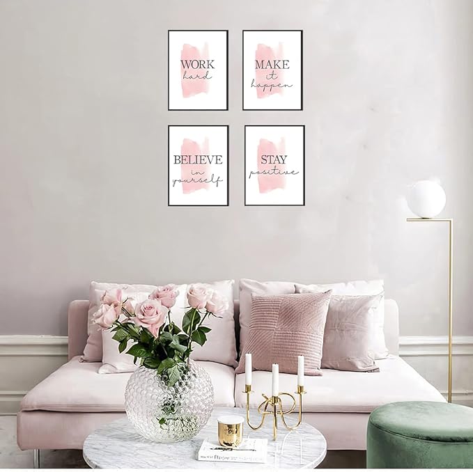 4 pcs Frame Wall Art Stay Positive Make It Happen Motivational Inspirational Quote Pink Canvas Painting Poster Pictures for Teenage Girl Bedroom Decor Office