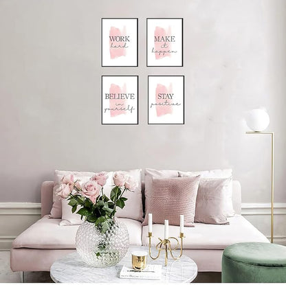 4 pcs Frame Wall Art Stay Positive Make It Happen Motivational Inspirational Quote Pink Canvas Painting Poster Pictures for Teenage Girl Bedroom Decor Office