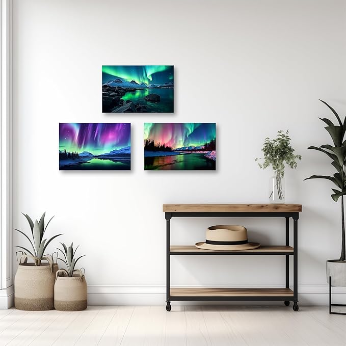 CCWACPP Aurora Borealis Canvas Wall Art 3 Panels Northern Lights Wall Decor Forest Lakes Snow Mountain Pictures Print Decor Frame (Aurora Borealis - 3, 24x36inchx3Pcs)
