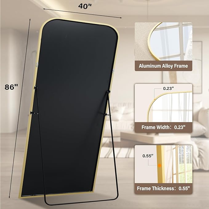 XRAMFY 40x86 Inch Floor Length Mirror with Stand, Full Length Standing Mirror for Bedroom, Full Body Tall Mirrors with Modern Aluminum Alloy Frame in Gold, Home Decor