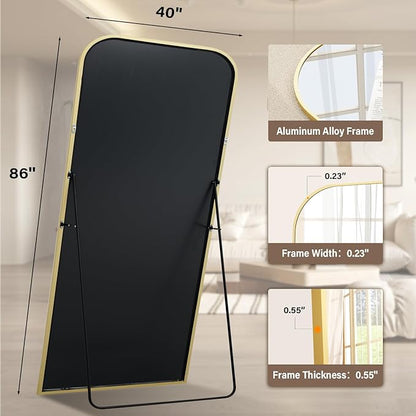 XRAMFY 40x86 Inch Floor Length Mirror with Stand, Full Length Standing Mirror for Bedroom, Full Body Tall Mirrors with Modern Aluminum Alloy Frame in Gold, Home Decor