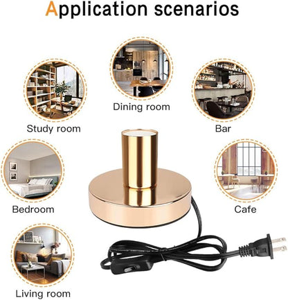 Helunsi Industrial Table Lamp, Gold E26 E27 Base Without Shade, Mini Short Desk Lamp Exposed Bulb, Simple Metal Edison Light Bulb Stand, 5.8ft Cord Switch Plug Holder