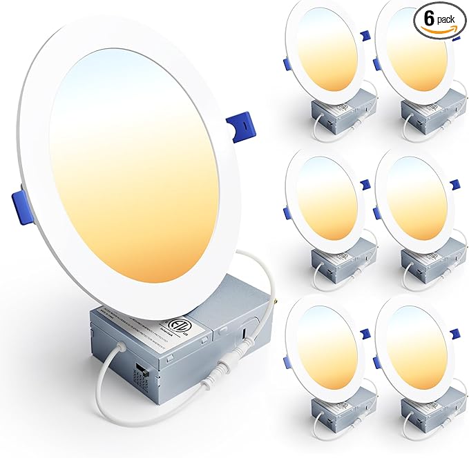 Ensenior 6 Pack 7 Inch LED Recessed Ceiling Light, Dimmable, 2700K-5000K 5CCT, 1600LM 15W 120V, High Brightness Canless Wafer Downlight