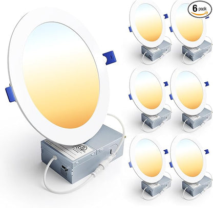 Ensenior 6 Pack 7 Inch LED Recessed Ceiling Light, Dimmable, 2700K-5000K 5CCT, 1600LM 15W 120V, High Brightness Canless Wafer Downlight