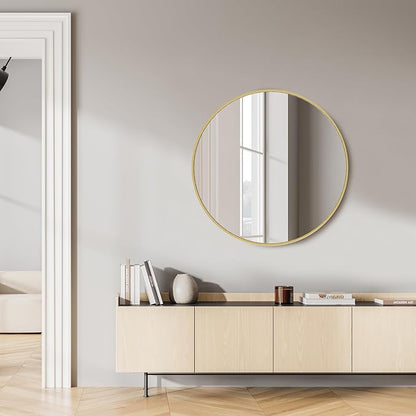 Sweetcrispy 30 Inch Round Wall Mirror with Tempered Glass, Bathroom Mirror Over Sink, Anti-Fog & Waterproof Round Mirror for Bathroom, Entryway, Bedroom, Shatterproof Design, Gold