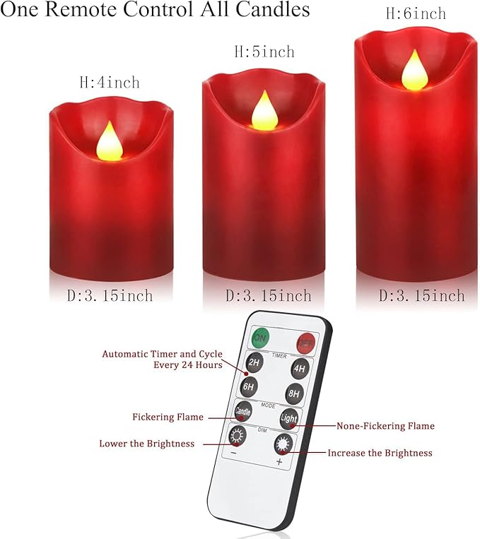 JUNPEI LED Candles, Battery Flickering Candles, Set of 3 Red Real Wax,300+ Hour Decorating Pillars Candles, with10 Buttons Remote Control with 24 Hour Timer Function for Decoration Christmas
