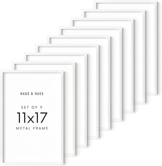 HAUS AND HUES 11x17 White Aluminum Frame Set of 9 - Vertical & Horizontal Hanging, Shatterproof Plexiglass (11x17 in, White)