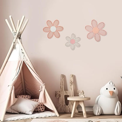 Maitys 3 Pieces Boho Daisy Wall Decor Natural Rattan Flower Wall Hanging Art Wooden Boho Art Nursery Flowers Farmhouse Hanging Decor for Home Office Nursery(Rustic Color)