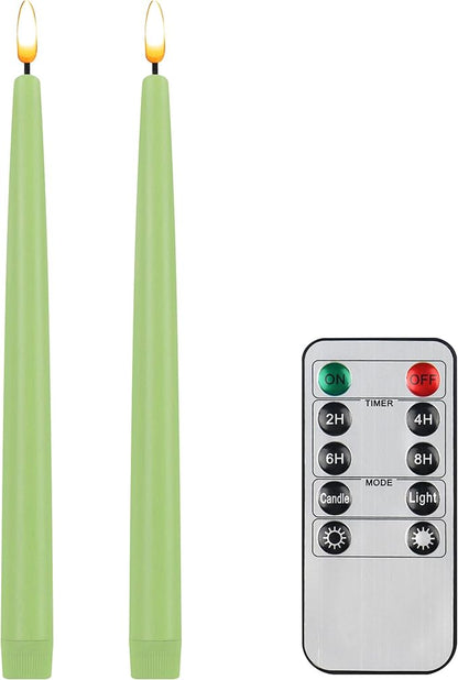CVHOMEDECO. Flameless Taper Candles with 10-Key Remote, Battery Operated Led Flickering 3D Wick Window Candles Real Wax Finished Home Christmas Party Decor 0.78 x 11 Inch, Pack of 2, Light Green