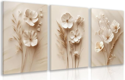 HLXRAE Minimalist Beige Floral Canvas Wall Art, Neutral Farmhouse Wall Decor, Framed Vintage Botanical Poster Prints, Modern Flower Aesthetic Pictures for Bathroom Living Room Bedroom 16"x24"x3