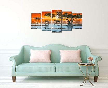 Wieco Art Elephant Family Canvas Prints Wall Art Animals Paintings Reproduction Pictures for Living Room Bedroom Home Decorations Modern 5 Panel Stretched and Framed African Landscape Giclee Artwork