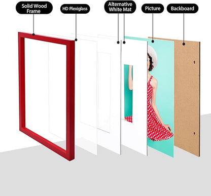 KINLINK 11x14 Picture Frame Red, Solid Wood Frames with Acrylic Plexiglass for Pictures 5x7/8x10 with Mat or 11x14 without Mat, Tabletop and Wall Mounting Display, Set of 4