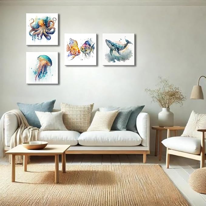 Colorful Marine Life Canvas Wall Art for Bathroom Decor, Green Jellyfish Picture Print, Watercolor Fish Artwork Sea Life Blue Orange Octopus Painting Poster for Bedroom Living Room Decoration 12"x12"