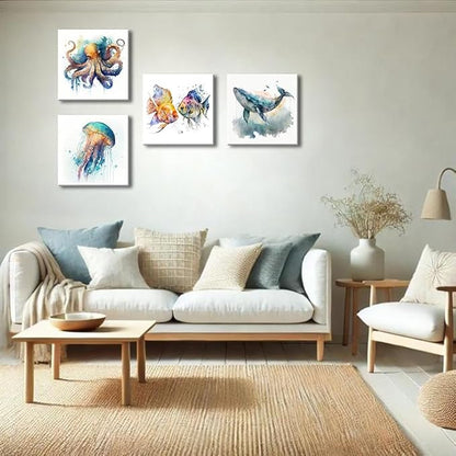 Colorful Marine Life Canvas Wall Art for Bathroom Decor, Green Jellyfish Picture Print, Watercolor Fish Artwork Sea Life Blue Orange Octopus Painting Poster for Bedroom Living Room Decoration 12"x12"