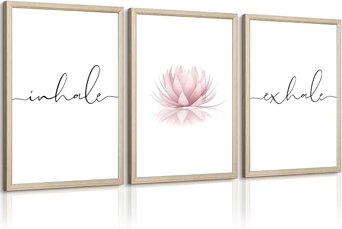 Inhale Exhale Wall Art Zen Canvas Decor Yoga Lotus Wall Art Calming Meditation Artwork Pink Yoga Poster Zen Pictures Painting for Living Room Bedroom 16x24 Inch Wood Framed Set of 3