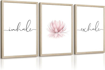Inhale Exhale Wall Art Zen Canvas Decor Yoga Lotus Wall Art Calming Meditation Artwork Pink Yoga Poster Zen Pictures Painting for Living Room Bedroom 16x24 Inch Wood Framed Set of 3