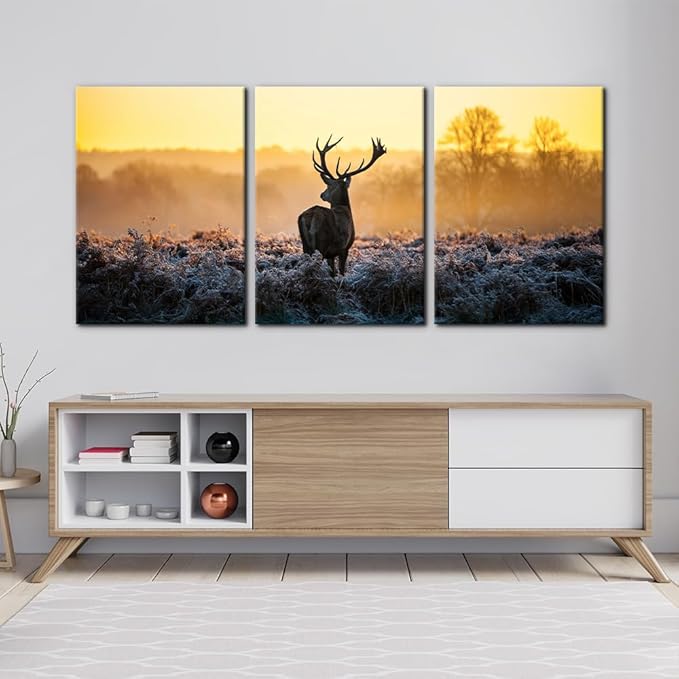 Pacimo Canvas Print Wall Art 3 Pieces Set Deer in Golden Light at Dawn Nature Wilderness Photography Realism Rustic Scenic Relax/Calm Multicolor for Living Room Bedroom Office Decor - 20"x28"x3 Panels