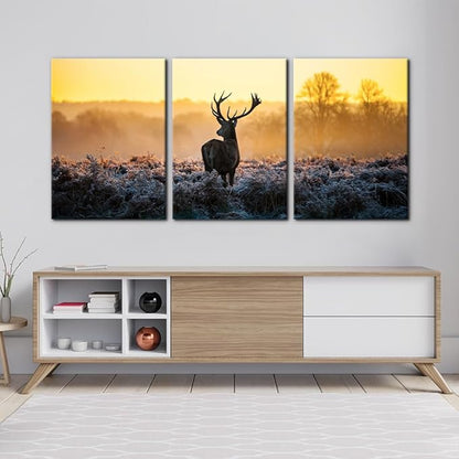 Pacimo Canvas Print Wall Art 3 Pieces Set Deer in Golden Light at Dawn Nature Wilderness Photography Realism Rustic Scenic Relax/Calm Multicolor for Living Room Bedroom Office Decor - 20"x28"x3 Panels
