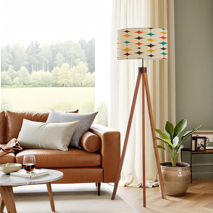 Wood Tripod Floor Lamp Mid Century Fifties Modern Stars Retro Colors Seamless Part Collection Mid Century Standing Lamp Linen Shade Dimmable Modern Tall lamp Home Decor for Living Room Bedroom Office