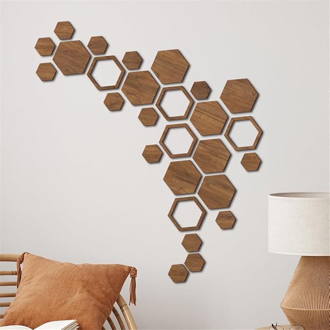 Hexagon Wood Wall Art, 27 PCS Modern Hollow Wooden Honeycomb Wall Stickers, DIY Modern Geometric Wood Wall Art Decor, 3D Wooden Hexagon Wall Tiles for Living Room, TV Background, Office