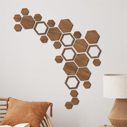 Hexagon Wood Wall Art, 27 PCS Modern Hollow Wooden Honeycomb Wall Stickers, DIY Modern Geometric Wood Wall Art Decor, 3D Wooden Hexagon Wall Tiles for Living Room, TV Background, Office