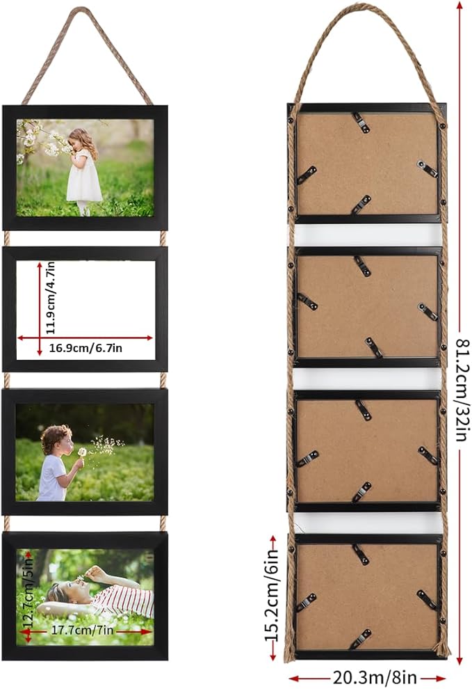 Lavezee 5x7 Hanging Collage Picture Frames Set of 2, Black 8 Opening Horizontal Frame Made to Display 5 x 7 Inch Photo for Wall Decor