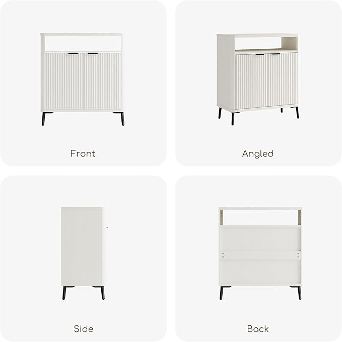 Fatmok Fluted Buffet Cabinet with Storage Set of 2, 31.4" Wide Wood Sideboard Credenza with 2 Doors & Open Storage Shelf, Modern Coffee Bar Table for Living Room Kitchen Dining Room,White