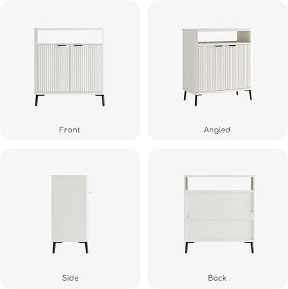 Fatmok Fluted Buffet Cabinet with Storage, 31.4" Wide Wood Sideboard Credenza with 2 Doors & Open Storage Shelf, Modern Coffee Bar Table for Living Room Kitchen Dining Room,White