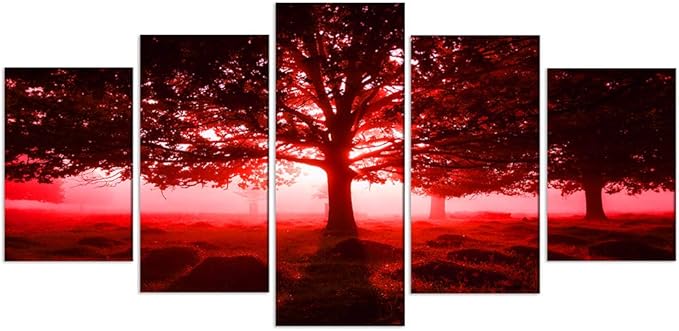 Ephany Modern Red Tree Wall Art - Landscape Picture Canvas Print, 80"x40" (5pcs) for Living Room Decorations