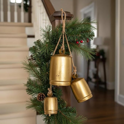 Vintage Gold Metal Cow Bells Set of 3 Handcrafted Hanging Bells with Jute Rope Rustic Farmhouse Distressed Bells for Porch Wreaths Walls & Year-Round Ranch Décor