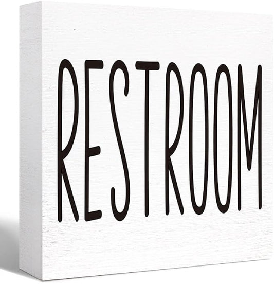 SJNH Funny Bathroom Wood Sign, Rustic Farmhouse Style, 5"x5", White, Tabletop Display, Humor Theme