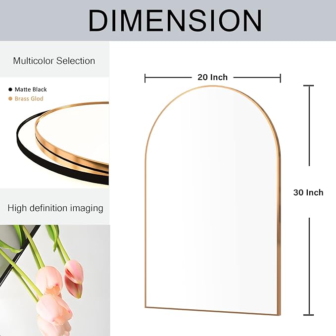 Wall Mounted Mirror, Arched Wall Mirror for Bathroom, 20"x30" Arch Bathroom Mirror with Metal Frame, 2 Piece Gold Vanity Mirror Decor for Bedroom, Entryway, Living Room