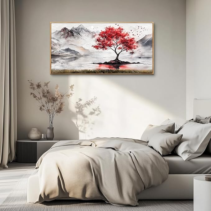 QIYILEXWART Wood Framed Large Wall Decor For Living Room Stretched And Framed Canvas Wall Art For Office Wall Decorations For Bedroom Red Tree Painting Farmhouse Pictures Home Decor