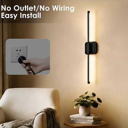 Battery Operated Wall Sconces Set of 2, 𝐔𝐩𝐠𝐫𝐚𝐝𝐞𝐝 Rechargeable Wall Lights with Remote Control, LED Wall Sconces Black, 3000K-6000K Dimmable 360° Rotatable for Living Room, Bedroom, 28''
