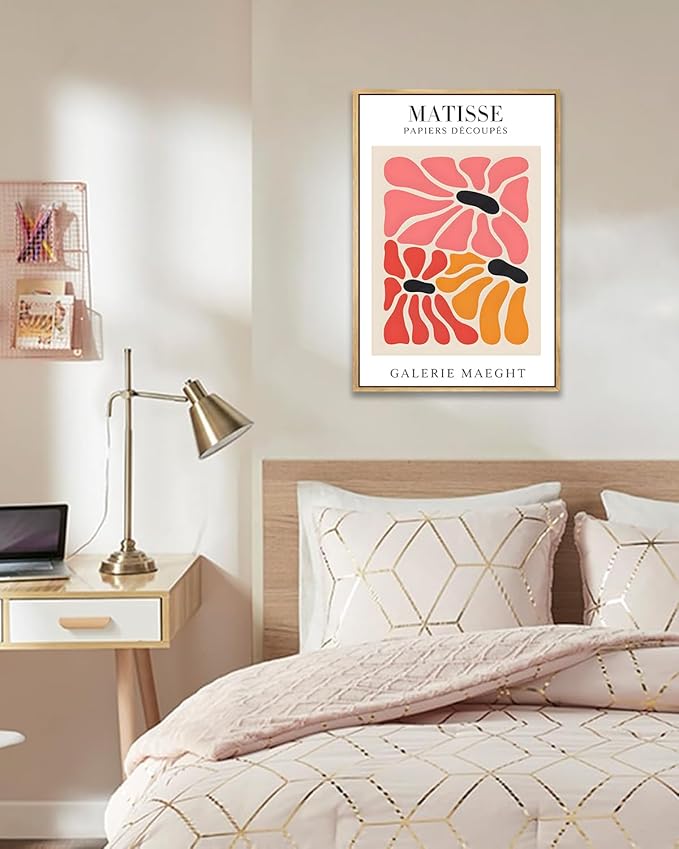 Zzuyi Matisse Framed Pink Wall Art Decor,Abstract Colorful Canvas Artwork for Walls,Minimalist Pink Line Prints for Bathroom, Living Room, Dining Room 12x16in