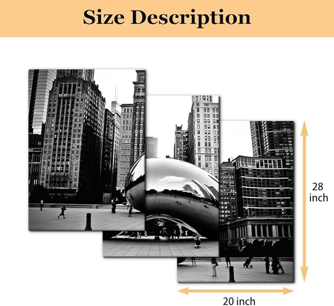 3 Pieces Black and White Wall Art - The Millennium Park in Downtown Chicago Photograph Picture Print on Canvas - Cloud Gate Canvas Wall Art for Modern Home Decor Ready to Hang - 20"x28"x3 Panel