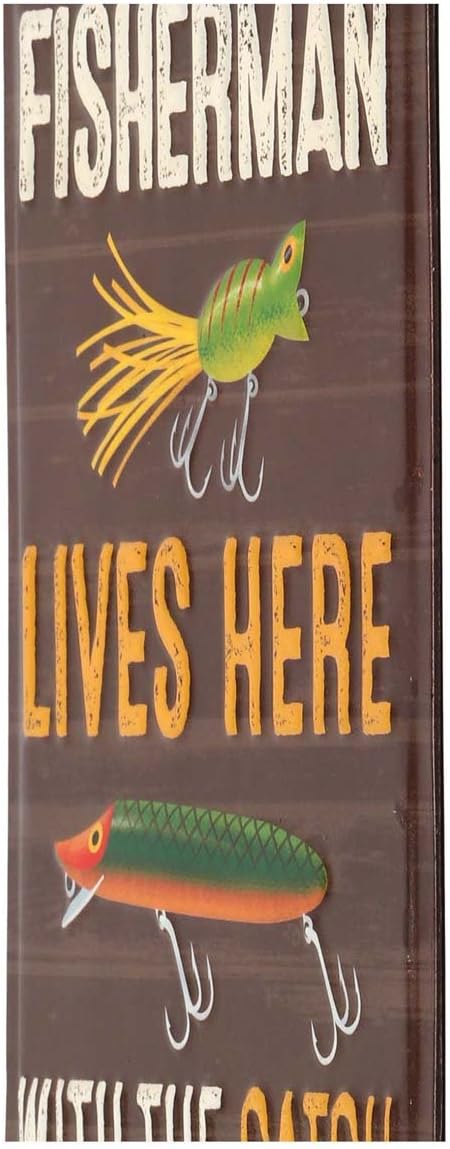 Fisherman With the Catch of His Life Embossed Metal Sign - Funny Fishing Wall Art for Garage, Lake House or Man Cave