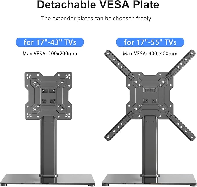 Universal TV Stand Base, Table Top TV Stand for 17-55 Inch LCD/LED TVs, Height Adjustable Monitor Mount Stand with Tempered Glass Base Holds up to 88lbs VESA 400x400mm, TS102