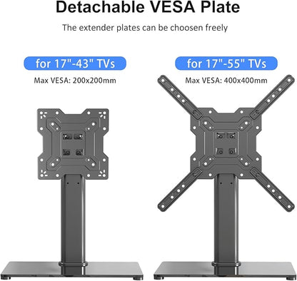 Universal TV Stand Base, Table Top TV Stand for 17-55 Inch LCD/LED TVs, Height Adjustable Monitor Mount Stand with Tempered Glass Base Holds up to 88lbs VESA 400x400mm, TS102